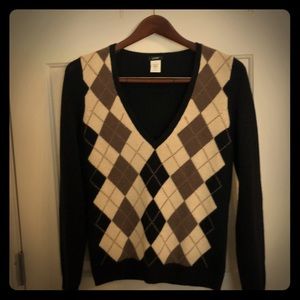 Women’s J Crew Argyle Black and Tan Sweater size M